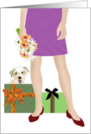 Birthday Lady Holding Flowers Dog and Presents card