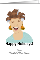 Happy holidays hair salon to customers, lady in hair curlers winking card