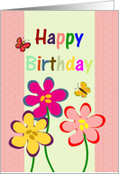 Birthday colorful cartoon flowers and butterflies card