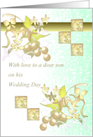 Wedding Congratulations Mother to son Abstract Florals Green and Gold card