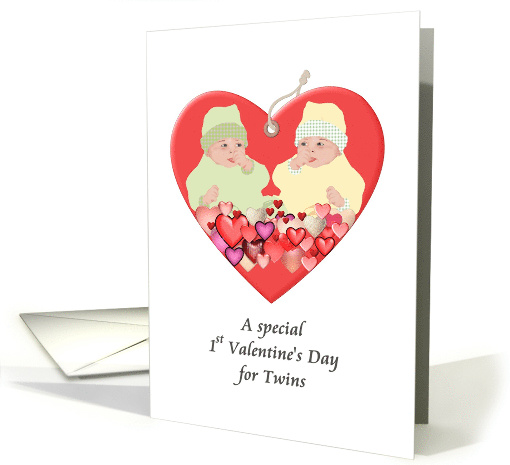 First Valentine's Day for Twins Drawing of Twins in Red Heart card