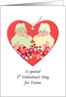 First Valentine’s Day for Twins Drawing of Twins in Red Heart card