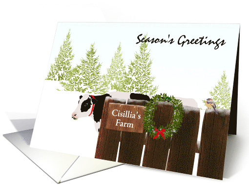 Custom Season's Greetings From Farm Cow in Snow Covered Field card
