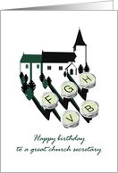 Birthday for church secretary, church and typewriter keys card