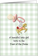 Baby Girl Born in the Year of the Horse Pacifier and Cute Horse Charm card