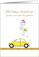 Christmas from our house to yours, yellow car with Christmas thoughts card