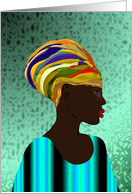 Happy Kwanzaa, African lady in colorful attire, African art card