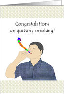 Congratulations on quitting smoking, man blowing party blower card