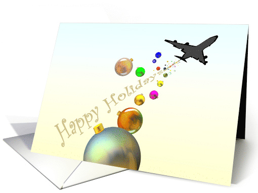Happy Holidays Flight Attendant Baubles Falling From Plane card