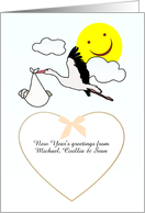 Custom Baby Announcement in the New Year Stork Carrying Bundle of Joy card