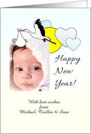 Custom Baby Announcement in the New Year Stork Carrying Bundle of Joy card