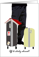 Off to study abroad, male student with suitcases, bon voyage card