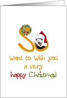 Ferret with big smile and wearing Santa’s hat, Christmas card