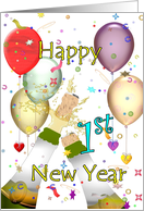 1st New Year Colorful Balloons Hearts Confetti And Champagne card