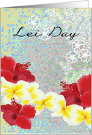 Lei Day Hawaiian May Day Frangipani Garland and Red Hibiscus Blooms card