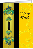 Diwali, Colorful Patterned Hearts in Shades of Yellow Blue and Green card