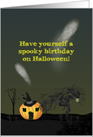 Birthday on Halloween, spooks flying in the night, pumpkin house card