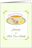 Hot Tea Month Tea in a Floral Cup and Saucer Served with Lemon card