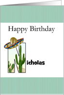 Birthday Name Beginning with Letter N Cactus and Sombrero card