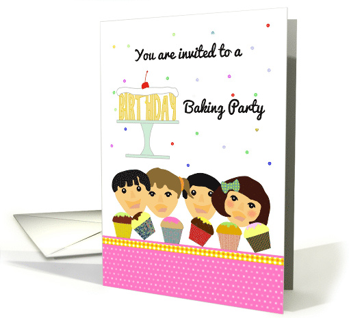 Birthday baking party invite for kids, happy faces... (1477556)