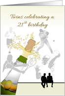 Twin Boys 21st Birthday Popping Champagne Sporting Activities card