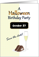 Save The Date Halloween Birthday Party Chocolate Cake Champagne card