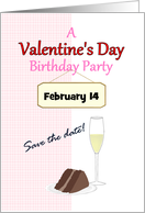 Save The Date Valentine’s Day Birthday Party Cake And Champagne card