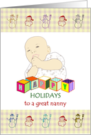 Happy holidays for nanny, cute baby with colored alphabet blocks card
