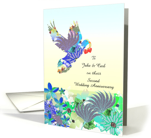 Colorful Floral Dove and Hearts Gay Wedding Anniversary Custom card