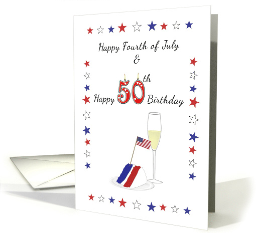 50 on Fourth of July Red White and Blue Cake with American Flag card