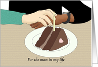 Gay Boyfriend’s Birthday Interracial Couple Clasping Hands and Cake card