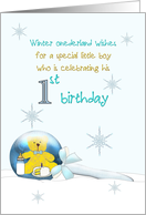 Winter Onederland for Little Boy’s 1st Birthday Teddy Rattle in Snow card