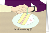 Gay Boyfriend’s Birthday Clasping Hands Across Table Slice of Cake card