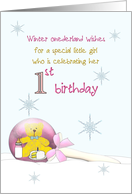 Winter Onederland for Little Girl’s 1st Birthday Teddy Rattle in Snow card