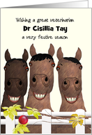 Custom Happy Holidays Veterinarian Three Happy Horses Behind Fence card