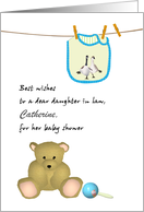 Daughter in Law Baby Shower Blue Bib on Line Teddy and Rattle Custom card