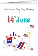 Flag Day Birthday 14th June Red White Blue Layered Cake and Flags card