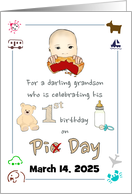 Grandson 1st Birthday on Pi Day Baby Sucking on Pie Custom Date card