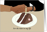 Gay Boyfriend’s Birthday Clasping Hands Across Table Slice of Cake card