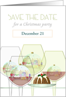 Save the Date for Christmas Party Pudding and Glasses of Wine card