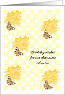 Niece Birthday, Yellow Dahlia and Butterfly on Yellow Checks Custom card