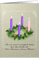Evergreen Advent Wreath Purple Rose Colored Candles Mottled Design card