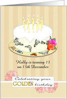 Custom 13th Golden Birthday Cake with Flowers and Colorful Butterflies card