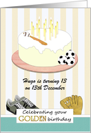 Custom 13th Golden Birthday Cake with Baseball Bat and Soccer Balls card