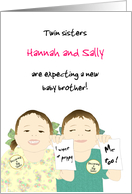 Custom Name Young Twin Sisters Expecting Baby Brother card