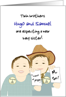 Custom Name Young Twin Brothers Expecting Baby Sister card