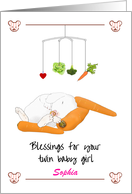 Blessings for Twin Baby Girl Bunny Asleep Leaning on Carrot card