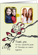 Thank You For Friendship Then and Now 2 Photos Hand Drawn Blossoms card