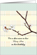 Custom Birthday Niece In Law Plum Blossoms on Plaid In Soft Colors card