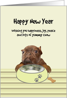 French Bulldog with Bowl of Milk and Biscuit New Year Wishes card